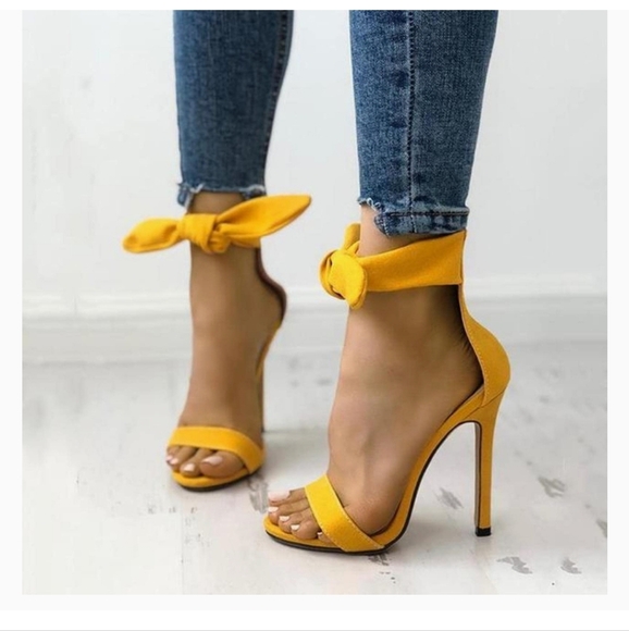 DaVanck Women's High Thin Heel Ankle Big Bowknot Sandals Yellow Size 40 = USA 9 - Picture 6 of 11